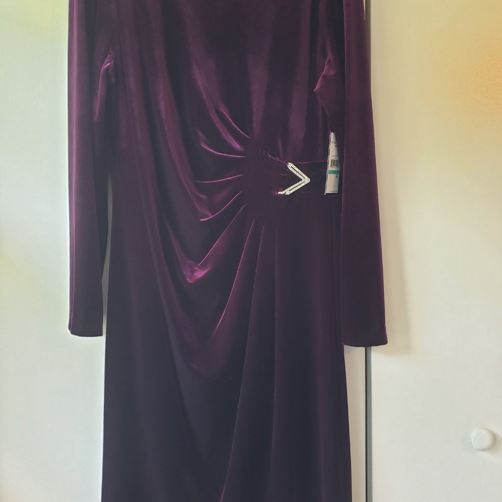 Jessica Howard JH9M8513 Plum Stretch Velvet Side Ruched Embellished Sheath Dress - Picture 5 of 10